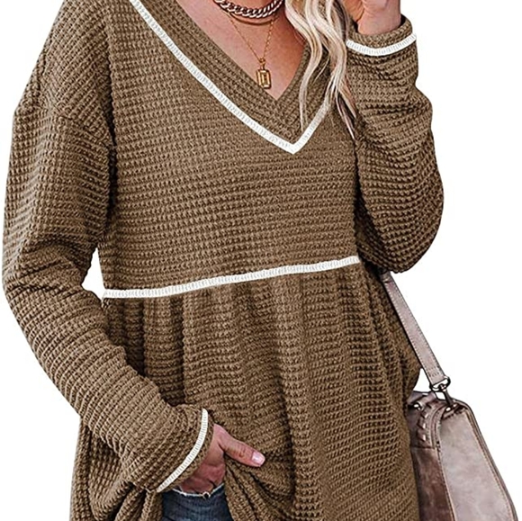 Tops - Womens V Neck Waffle Tunic Top Long Sleeve Pullover Babydoll